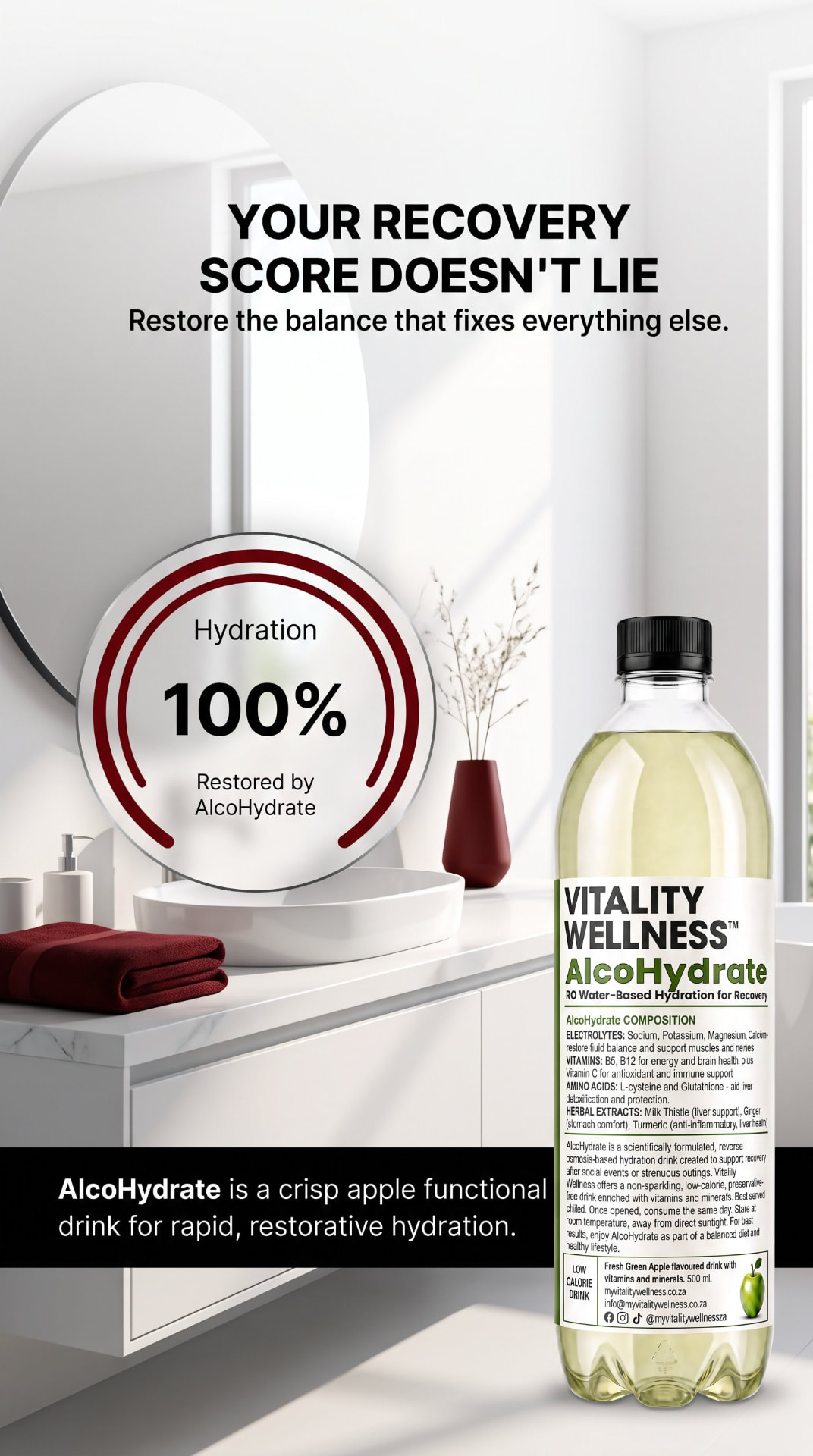 AlcoHydrate green-apple functional hydration drink in a social occasion setting.