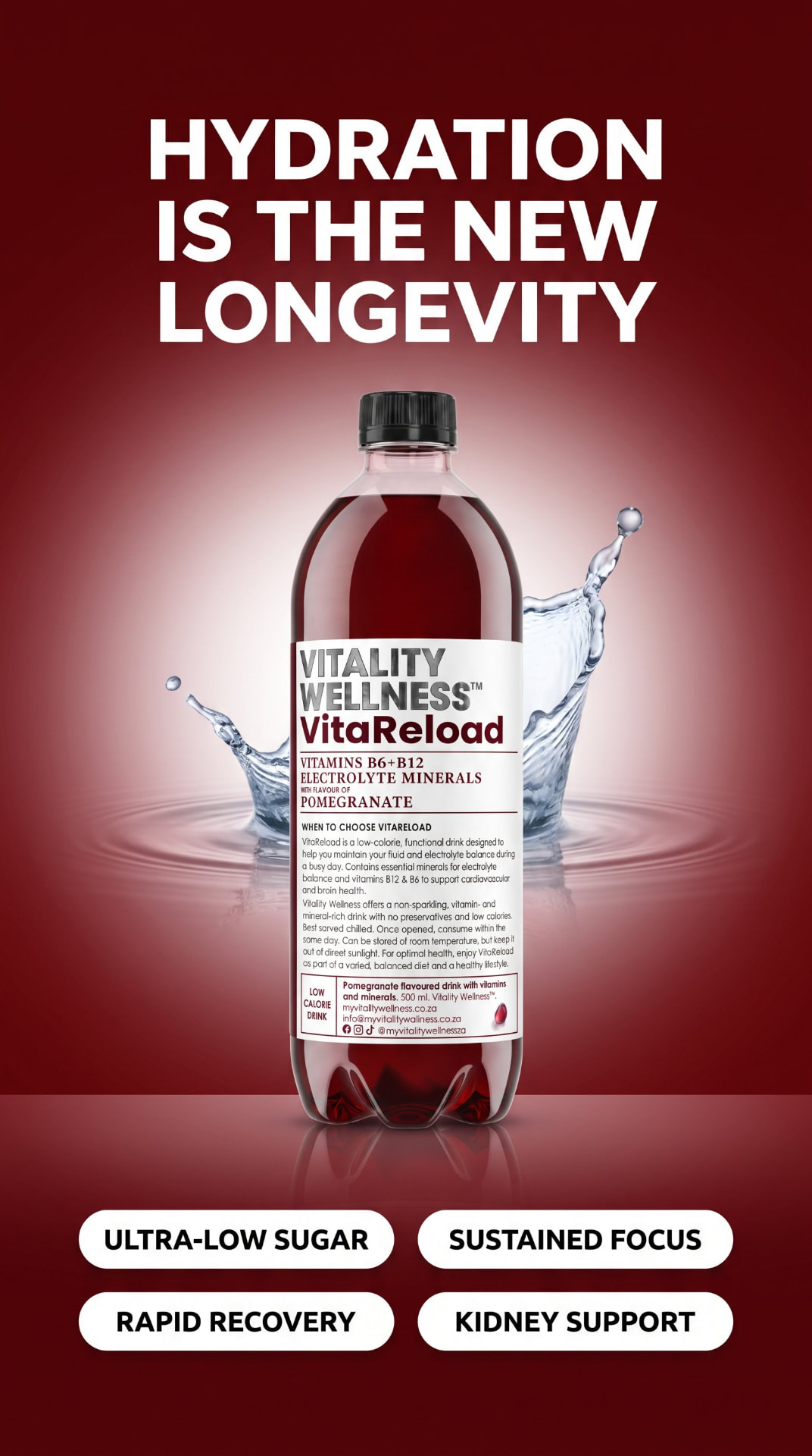 VitaReload pomegranate everyday hydration drink with a water splash and the line Hydration is the new longevity.