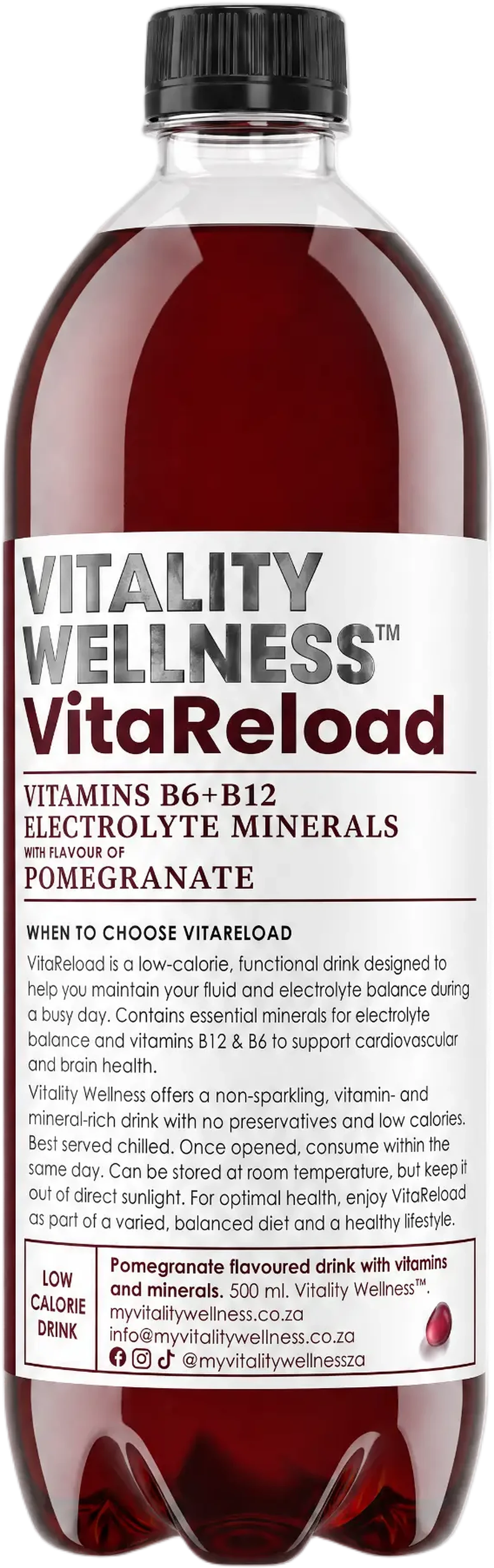 VitaReload pomegranate everyday vitamin and electrolyte hydration drink bottle in a crystal-clear water splash