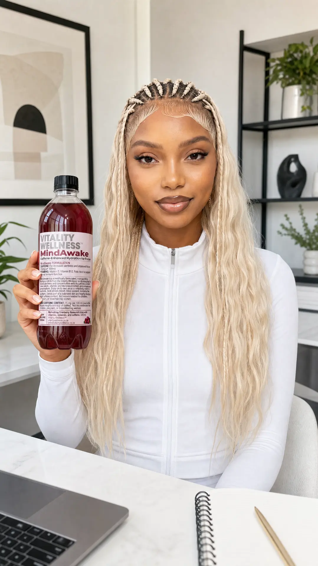 Creator holding a MindAwake cranberry bottle at a bright home-office desk.