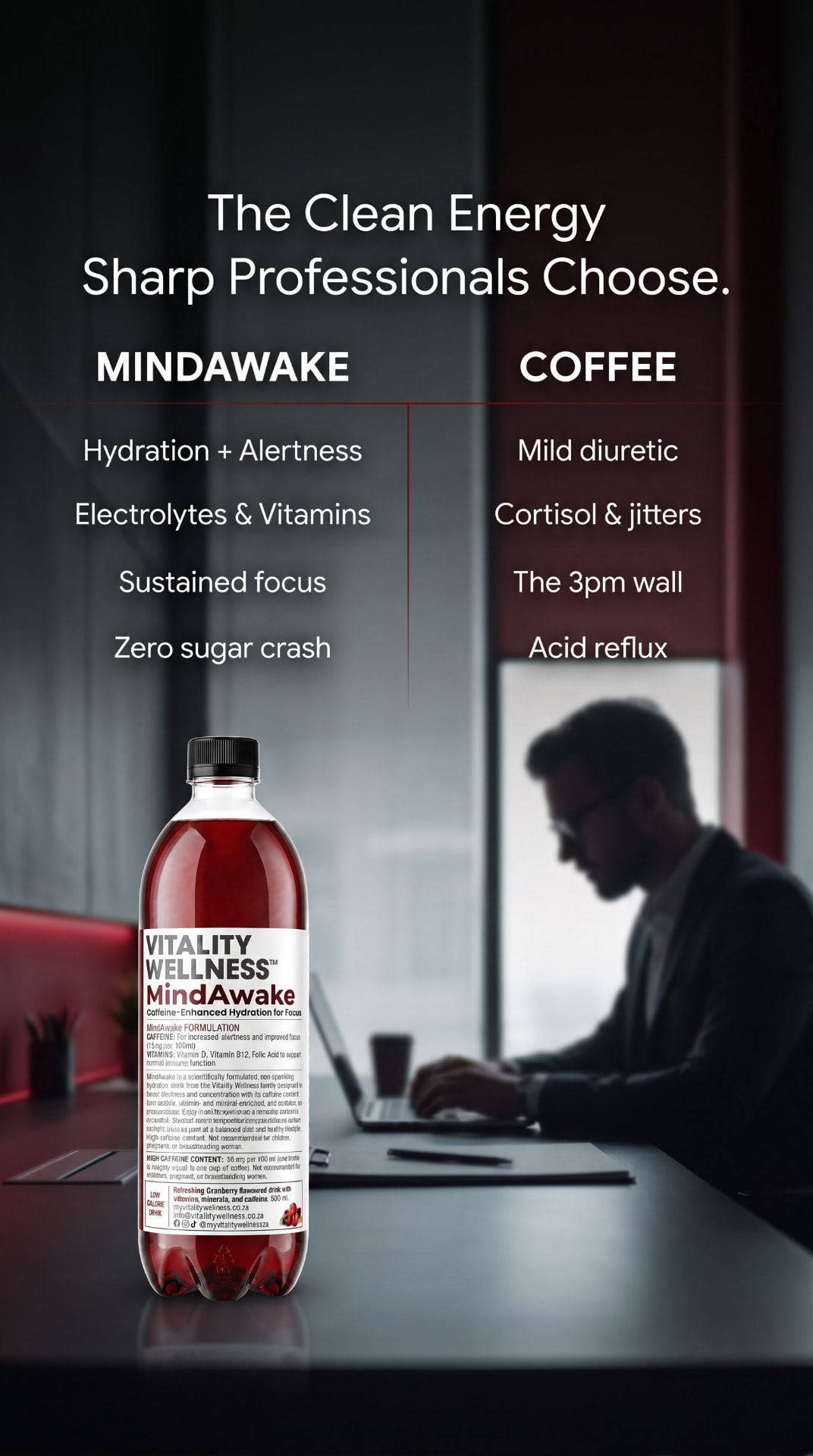MindAwake versus coffee comparison: hydration, electrolytes and sustained focus without the 3pm crash.