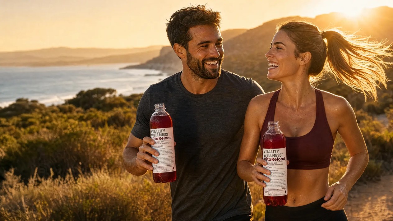 Athletic couple jogging on a nature-reserve trail at golden hour, the man holding a VitaReload pomegranate functional beverage.